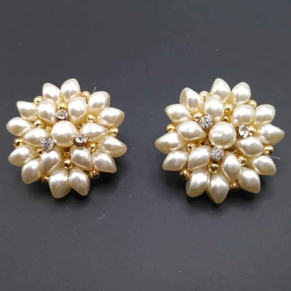 Cream Faux Pearl Clear Rhinestone Flower Clip Earrings, 1 3/4 Inches